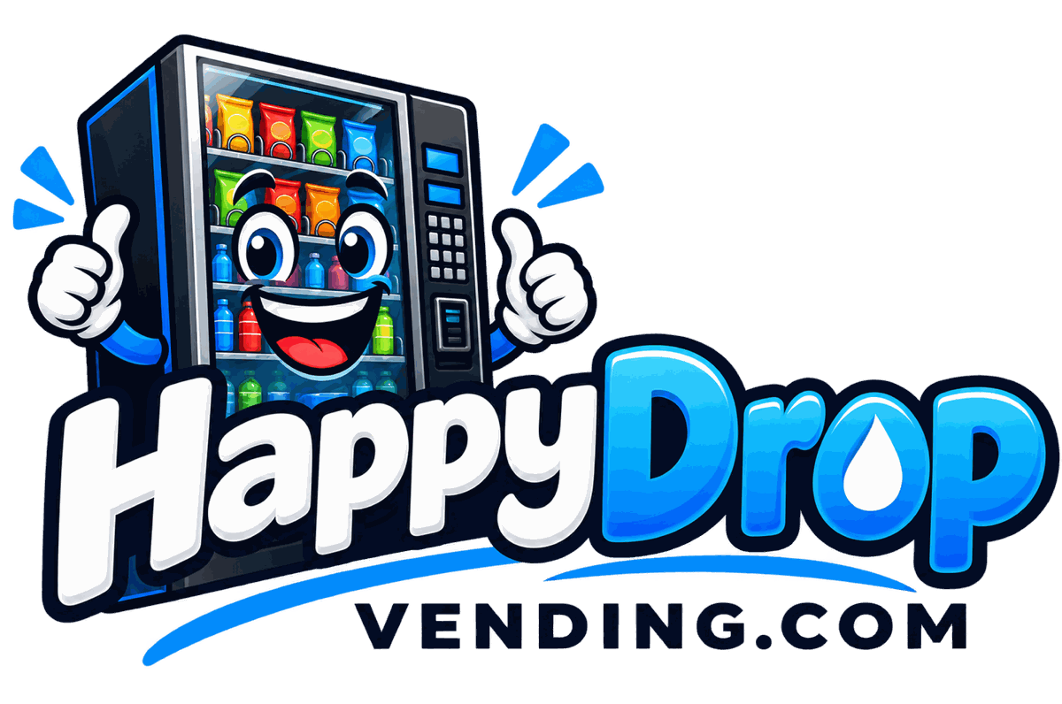 HappyDrop Vending logo: a smiling vending machine giving two thumbs up