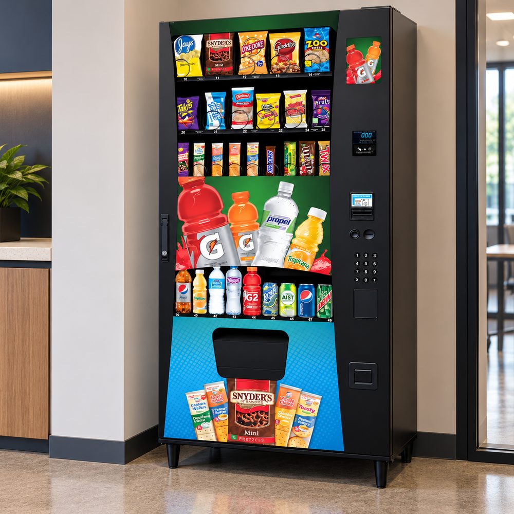 Combination snack and drink vending machine in a small office break area