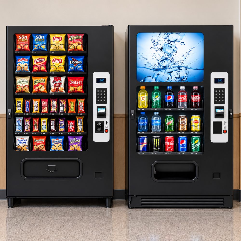 Full-size snack vending machine next to a glass-front drink vending machine in a hallway