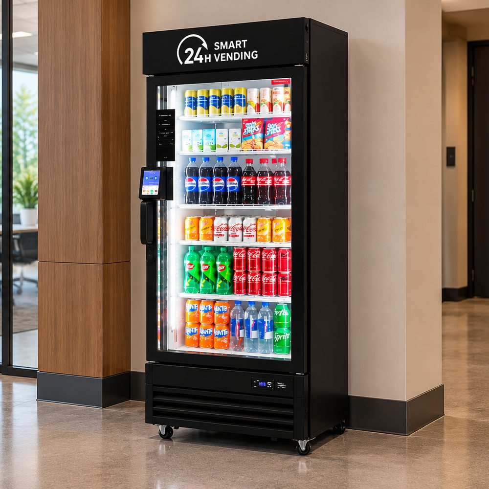 Smart grab-and-go cooler vending machine with a glass door in an office lobby